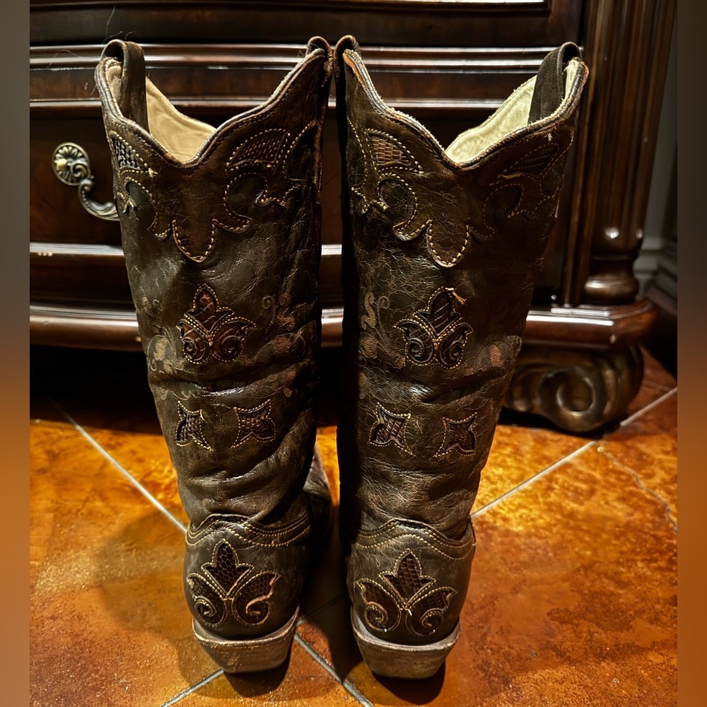 Brown Embroidered Heeled Boots - Picture 3 of 4